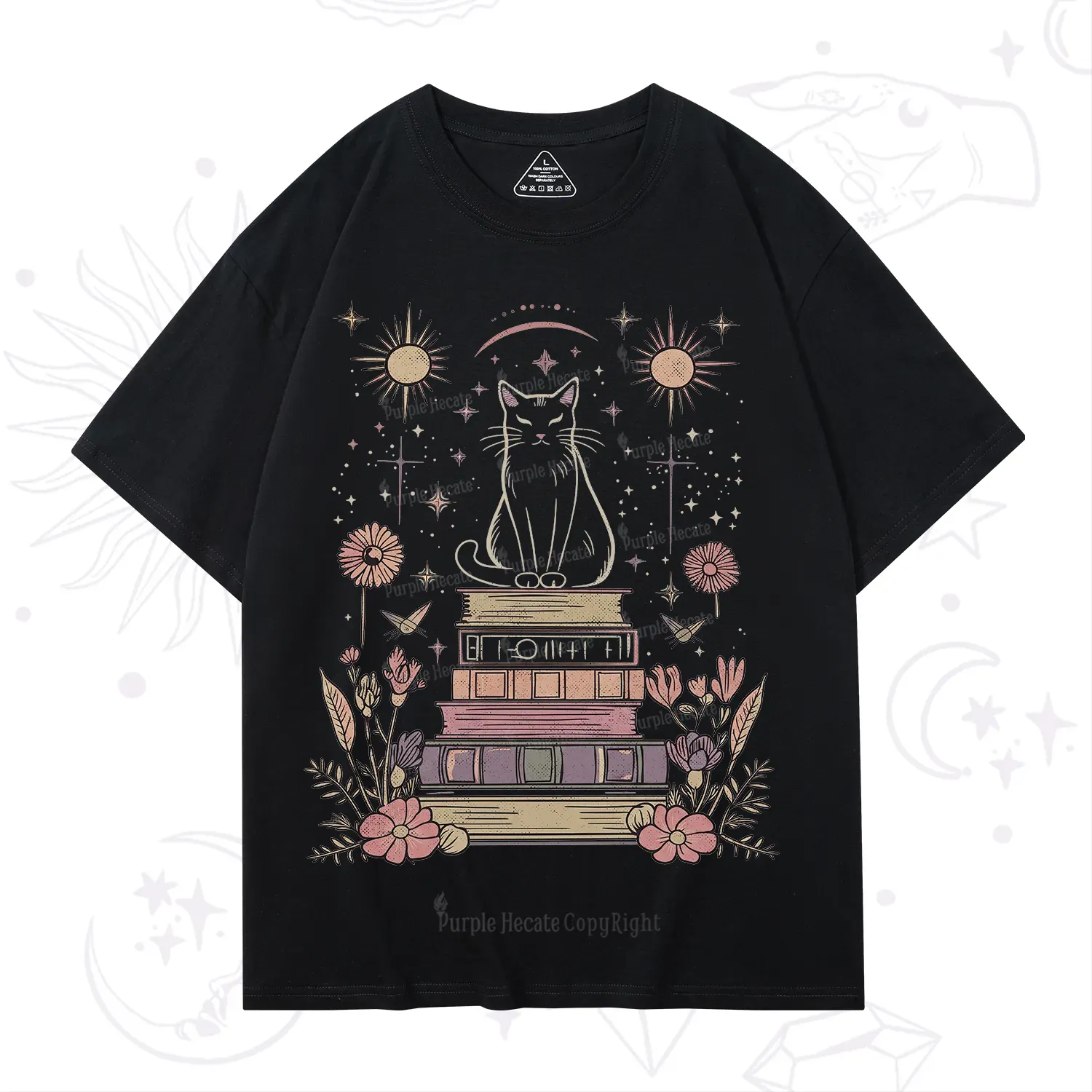 Purplehecate Mystical Cat Reading a Witchy Book T-Shirt