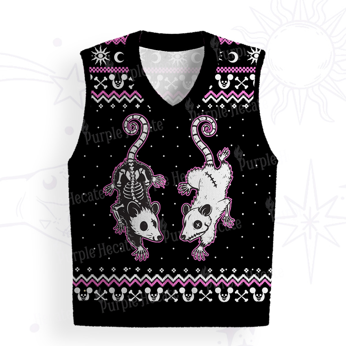 Purplehecate Moonlit Skeleton Rats Ugly Sweater Vest