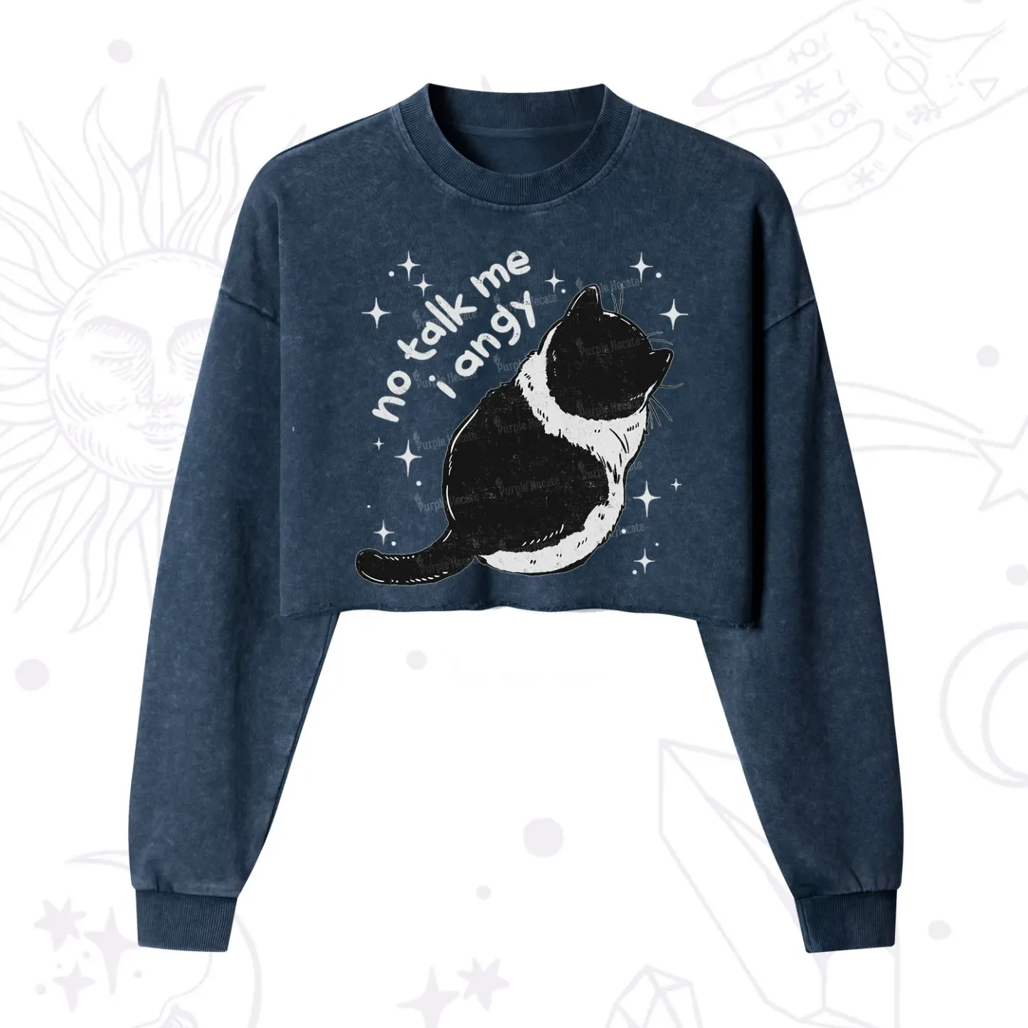 Purplehecate No Talk Me Im Angy Cat Cropped Washed Sweatshirt