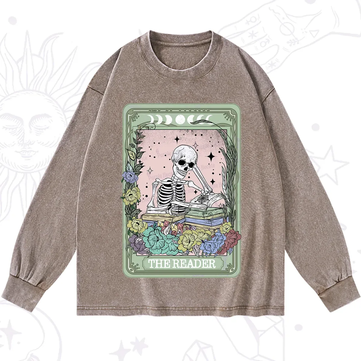 Purplehecate The Reader Bookworm Tarot Skeleton Washed Long Sleeve Shirt