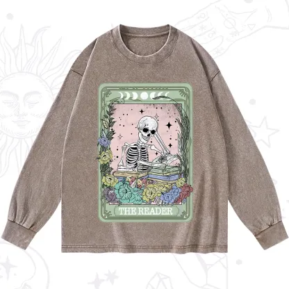 Purplehecate The Reader Bookworm Tarot Skeleton Washed Long Sleeve Shirt