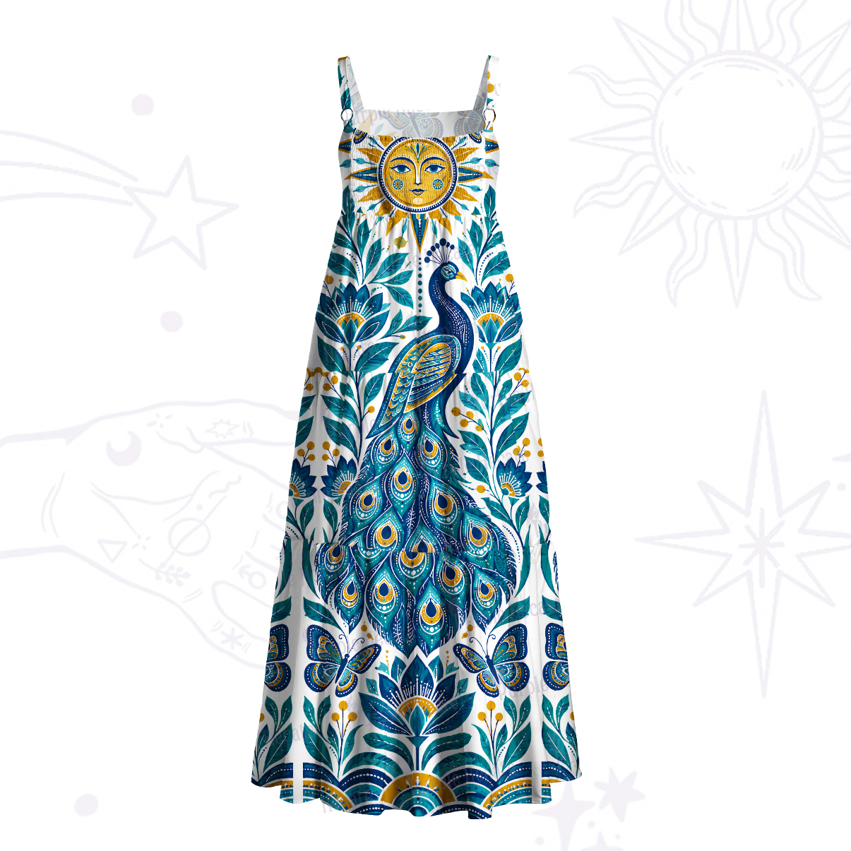 Purplehecate Sun Crowned Enchanted Peacock Wide Straps Maxi Dress