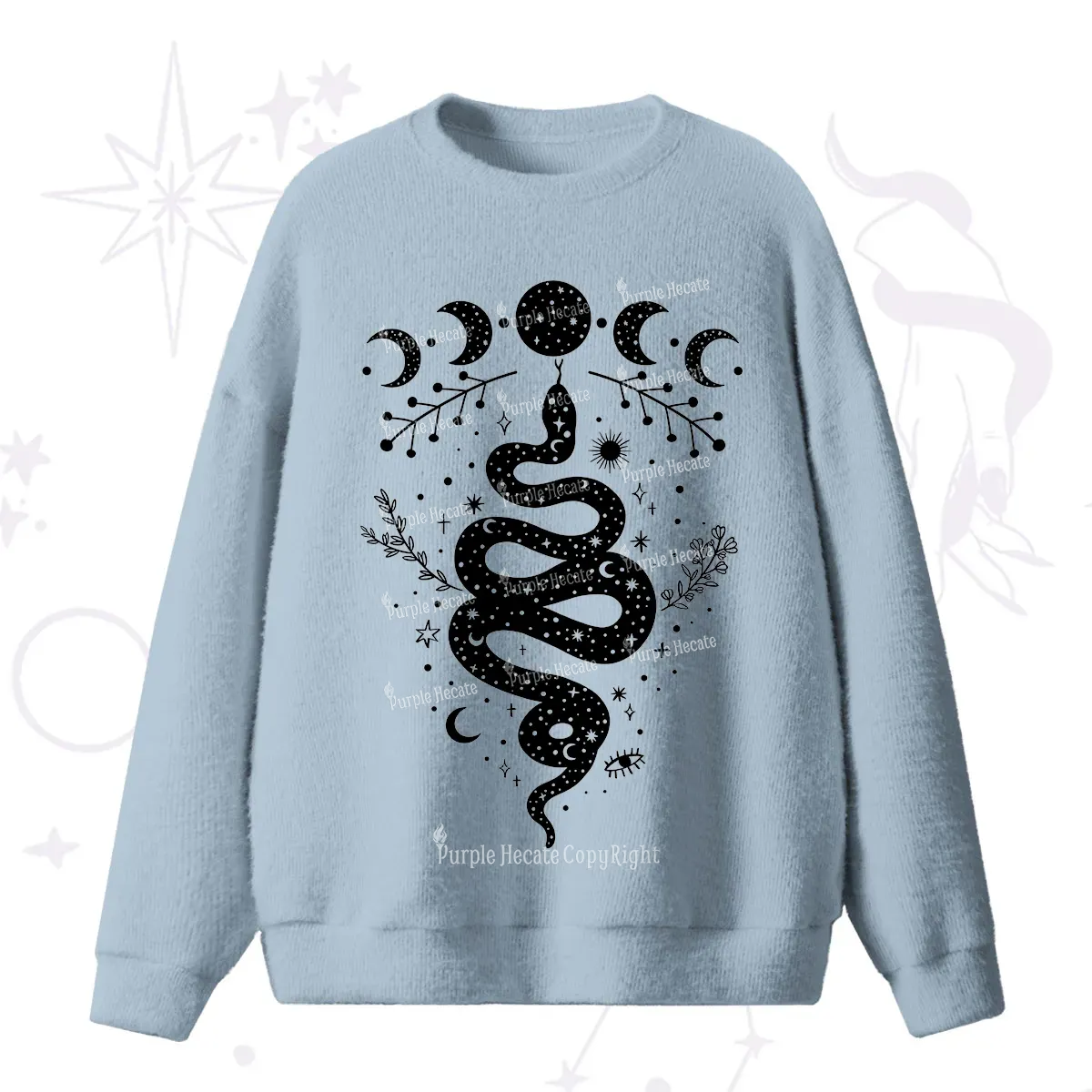 Purplehecate Snake And Moon Phase Comfort Fuzzy Ugly Sweater