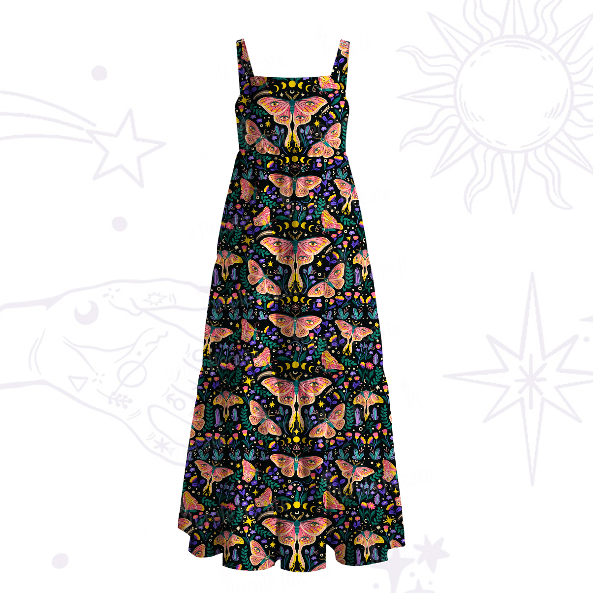 Purplehecate Midnight Butterfly Wide Straps Maxi Dress