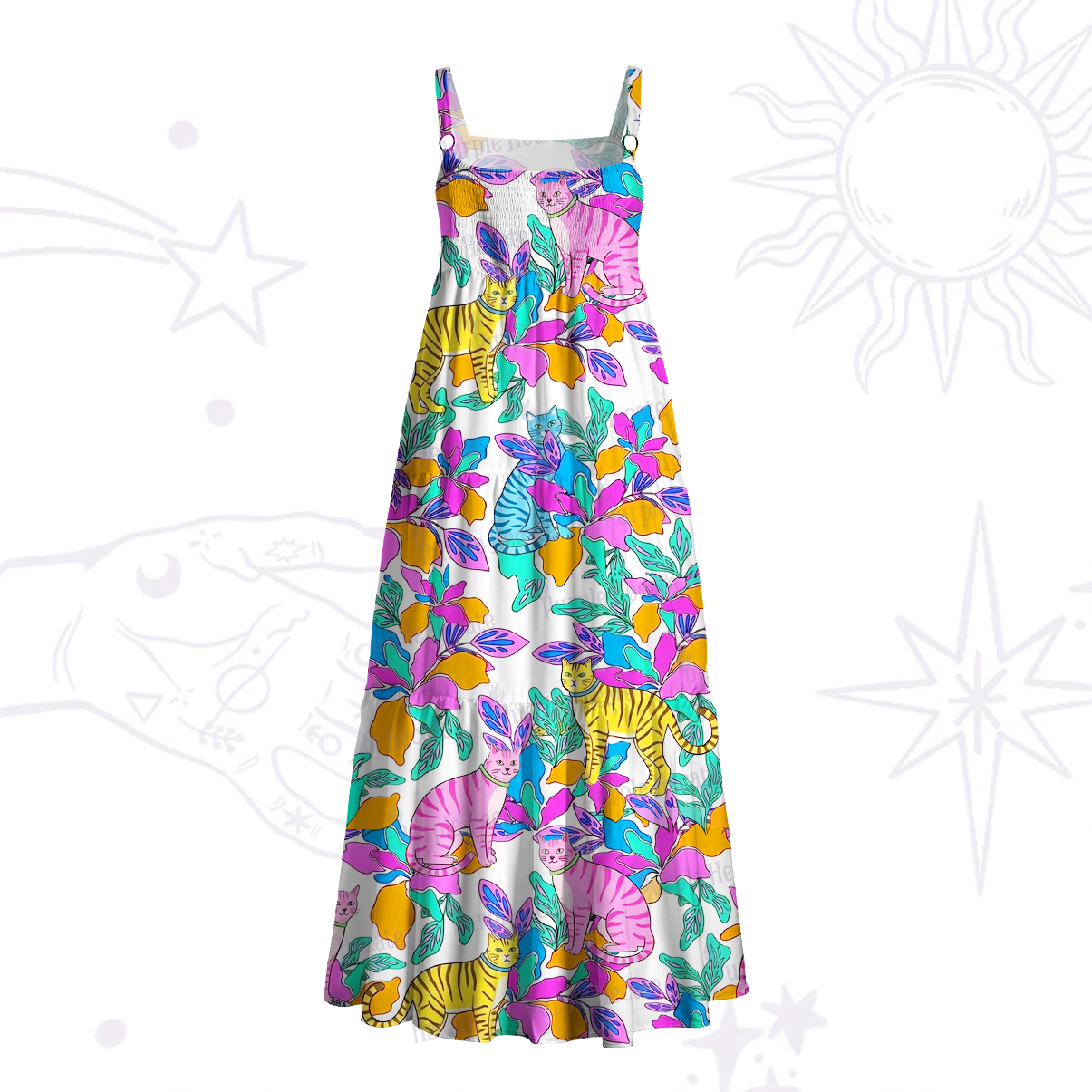 Purplehecate Colorful Cats Jungle Garden Wide Straps Maxi Dress