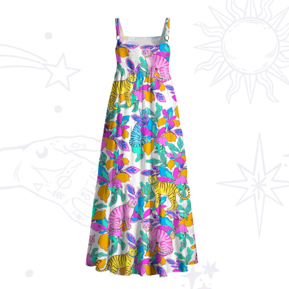 Purplehecate Colorful Cats Jungle Garden Wide Straps Maxi Dress