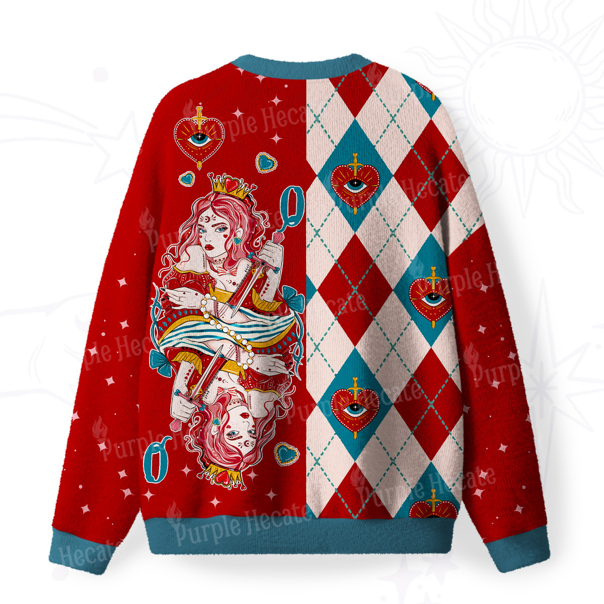 Purplehecate Queen of Hearts Fuzzy Ugly Christmas Sweatshirt