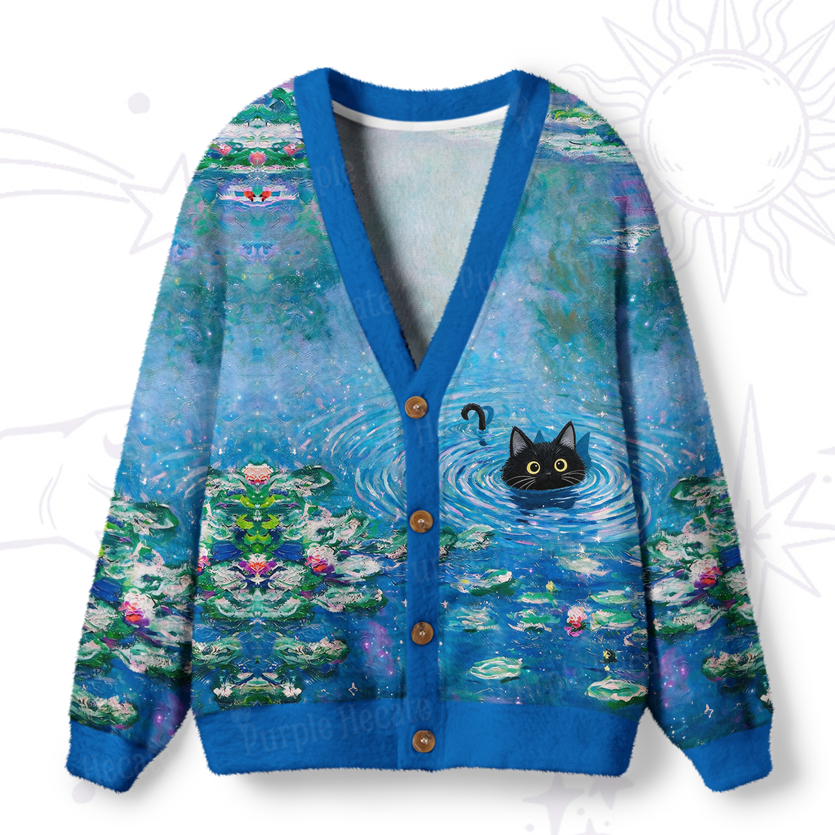 Purplehecate Black Cat in the Water Lilies Ugly Cardigan Sweaters