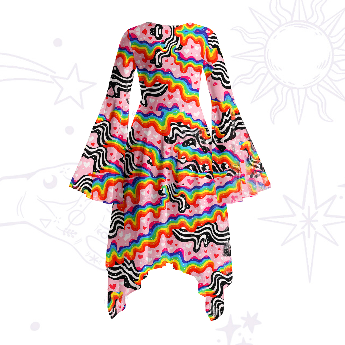 Purplehecate Groovy Melty Rainbow Hearts Wavy Bell Sleeve Dress