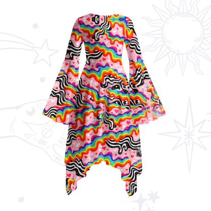 Purplehecate Groovy Melty Rainbow Hearts Wavy Bell Sleeve Dress