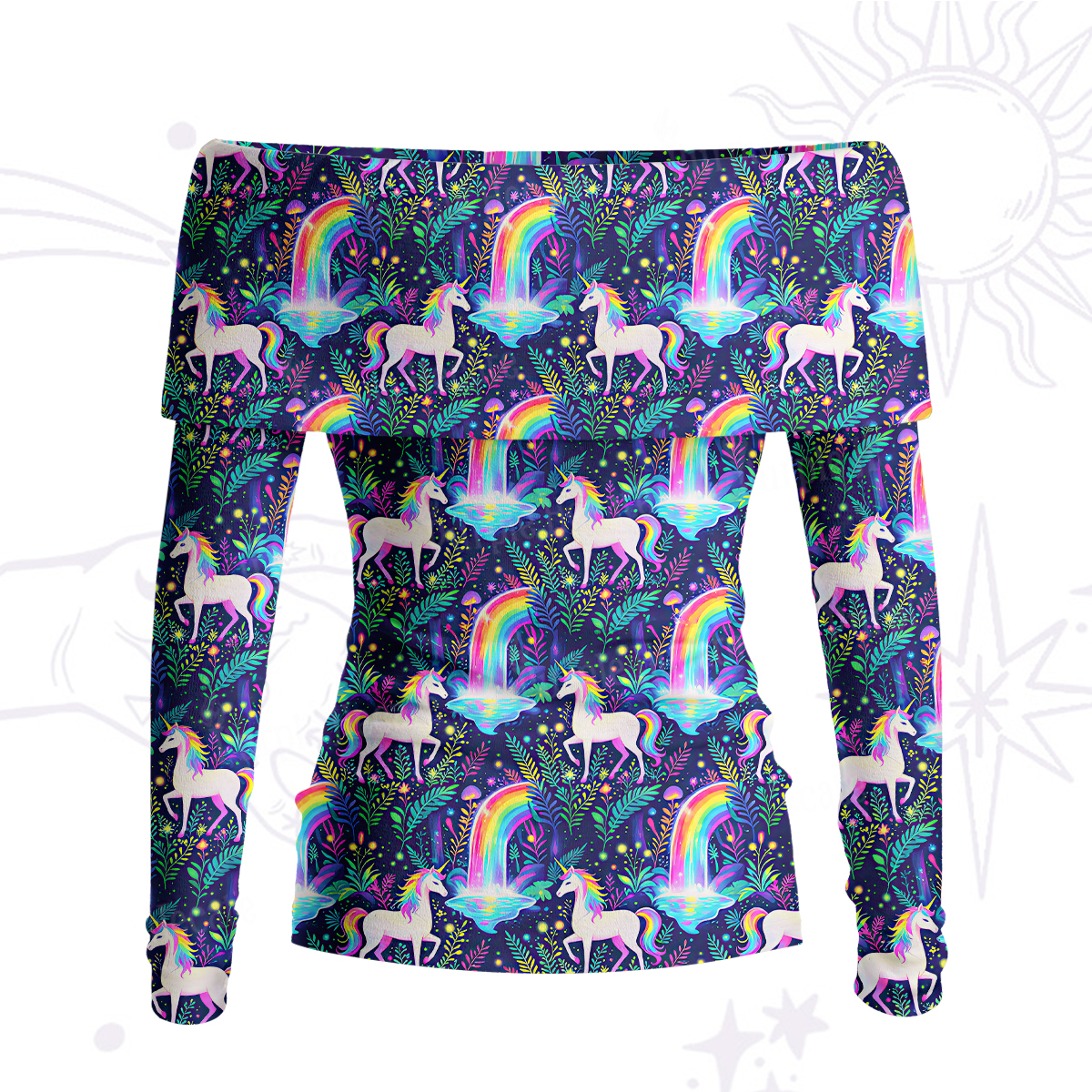 Purplehecate Rainbow Forest Unicorn Magic Off Shoulder Long Sleeve Knit Top