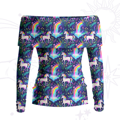 Purplehecate Rainbow Forest Unicorn Magic Off Shoulder Long Sleeve Knit Top