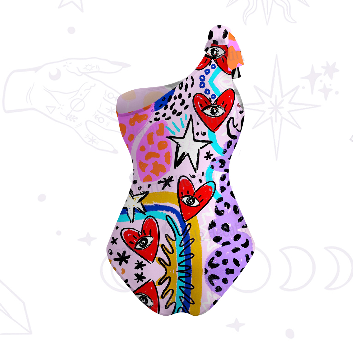Purplehecate Cosmic Love Eyes Graffiti One-Shoulder One-Piece Swimsuit