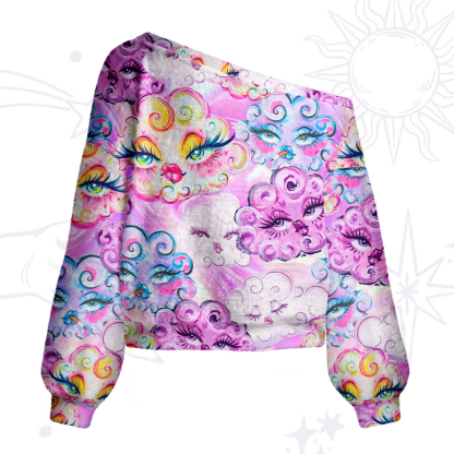 Purplehecate Dreamy Cloud Faces One Shoulder Sweaters
