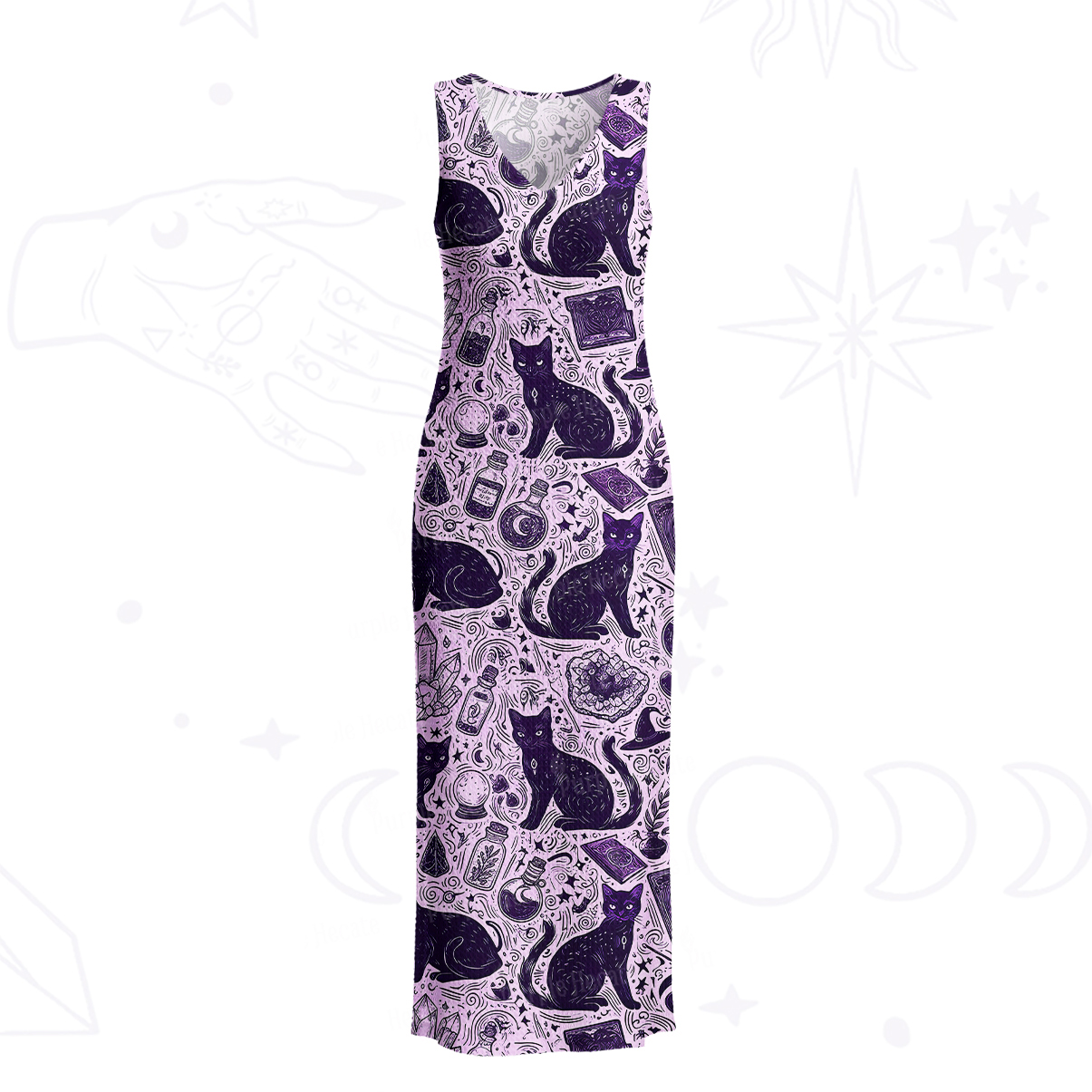 Purplehecate Midnight Black Cat Witch Potion Crochet Knit Maxi Dress