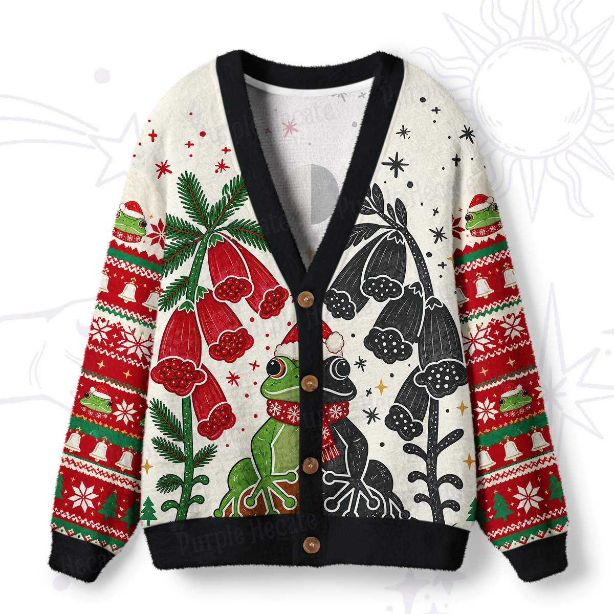 Purplehecate Dual-Tone Frog Garden Christmas Ugly Cardigan Sweaters