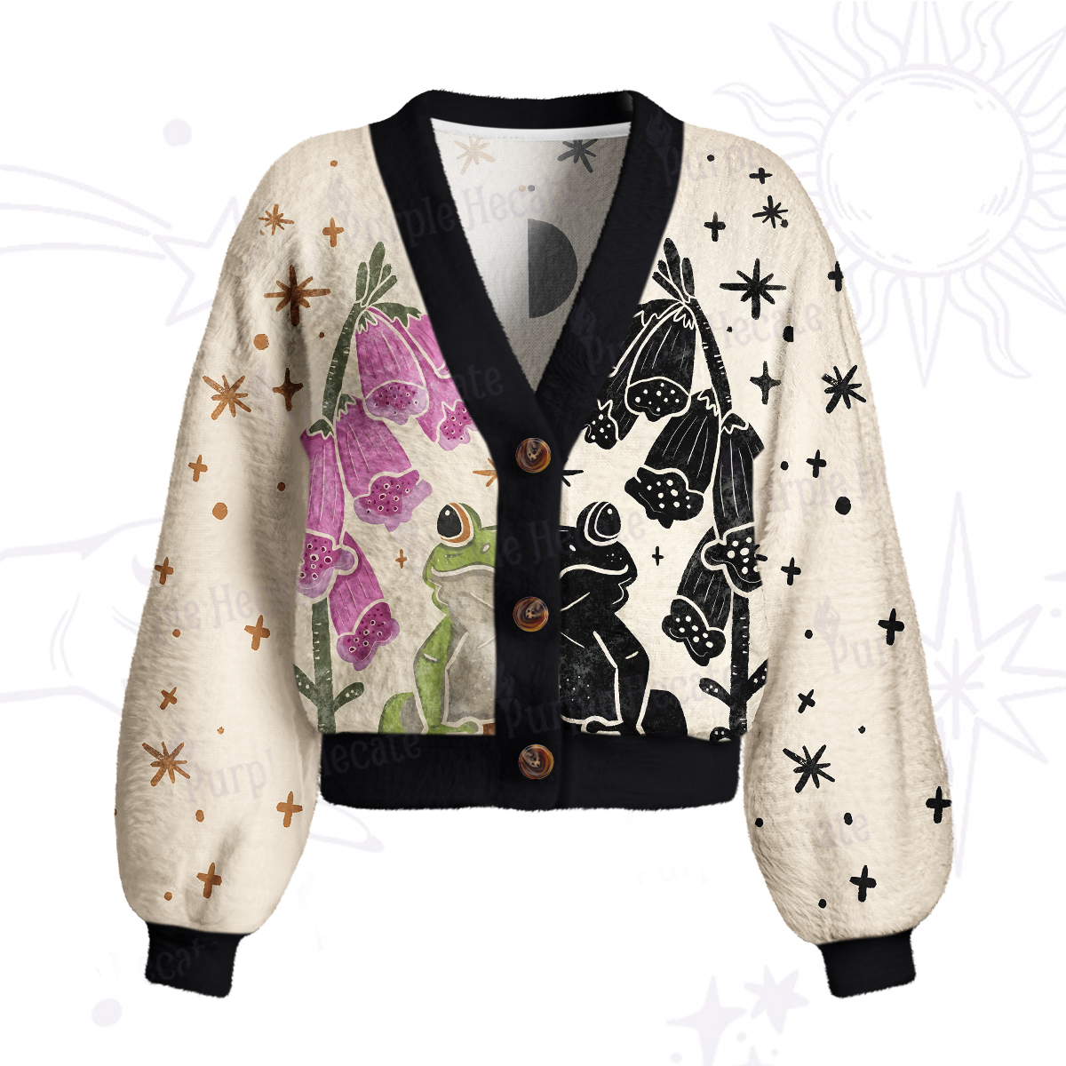 Purplehecate Dual-Tone Frog Garden Cardigan Sweaters