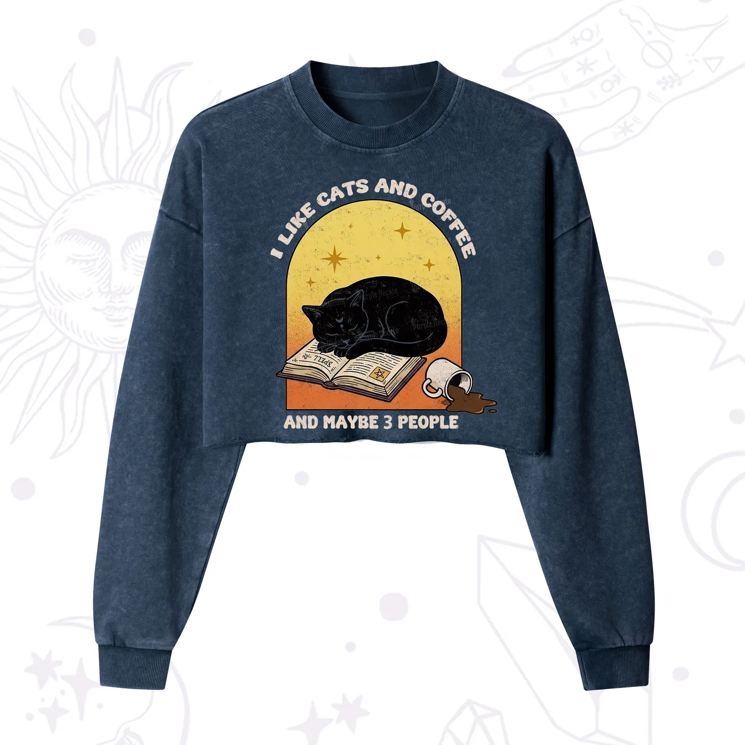 Purplehecate I Like Cats And Coffee Cropped Washed Sweatshirt