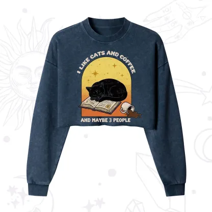 Purplehecate I Like Cats And Coffee Cropped Washed Sweatshirt