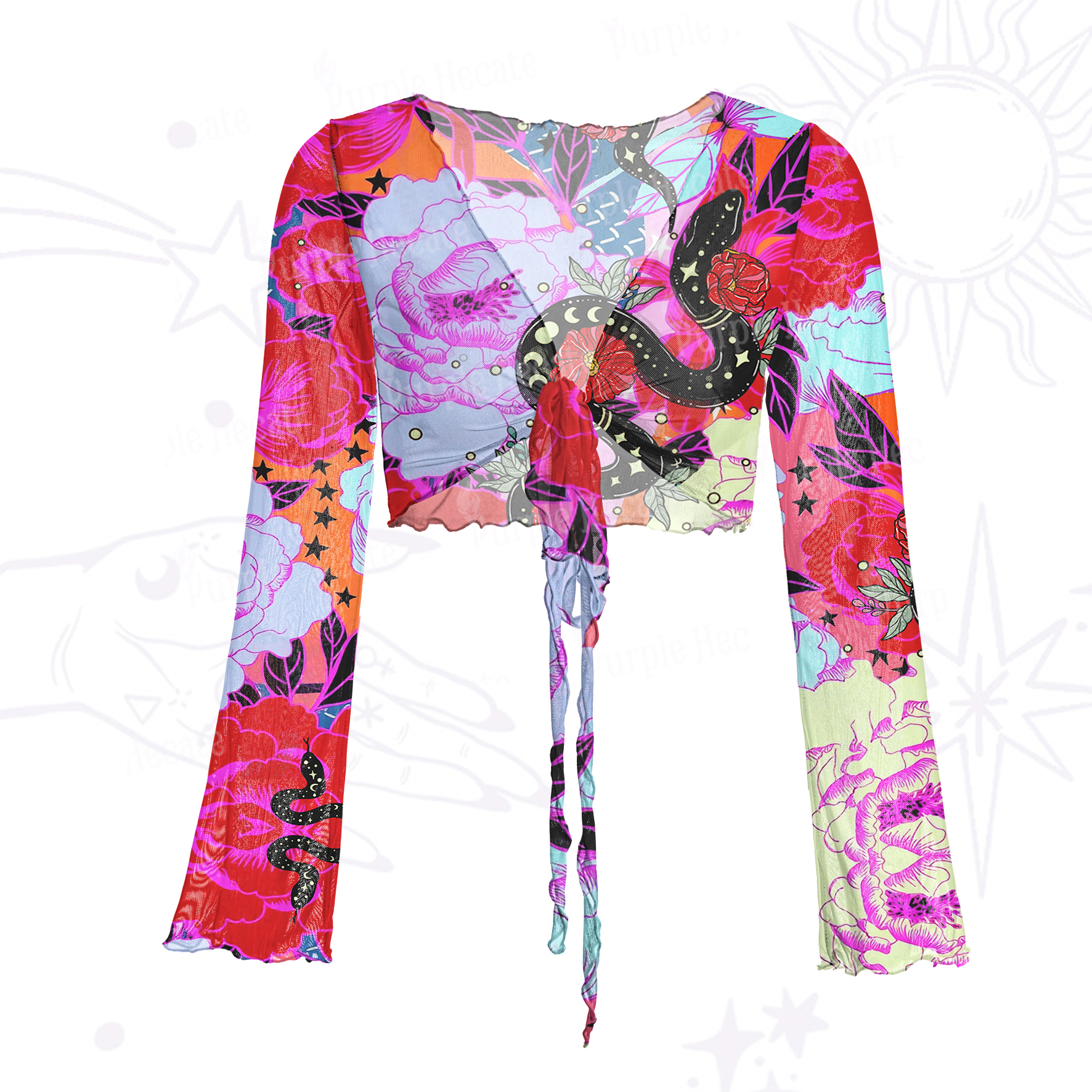 Purplehecate Enchanted Black Serpent & Floral Pattern Mesh Tie Front Top