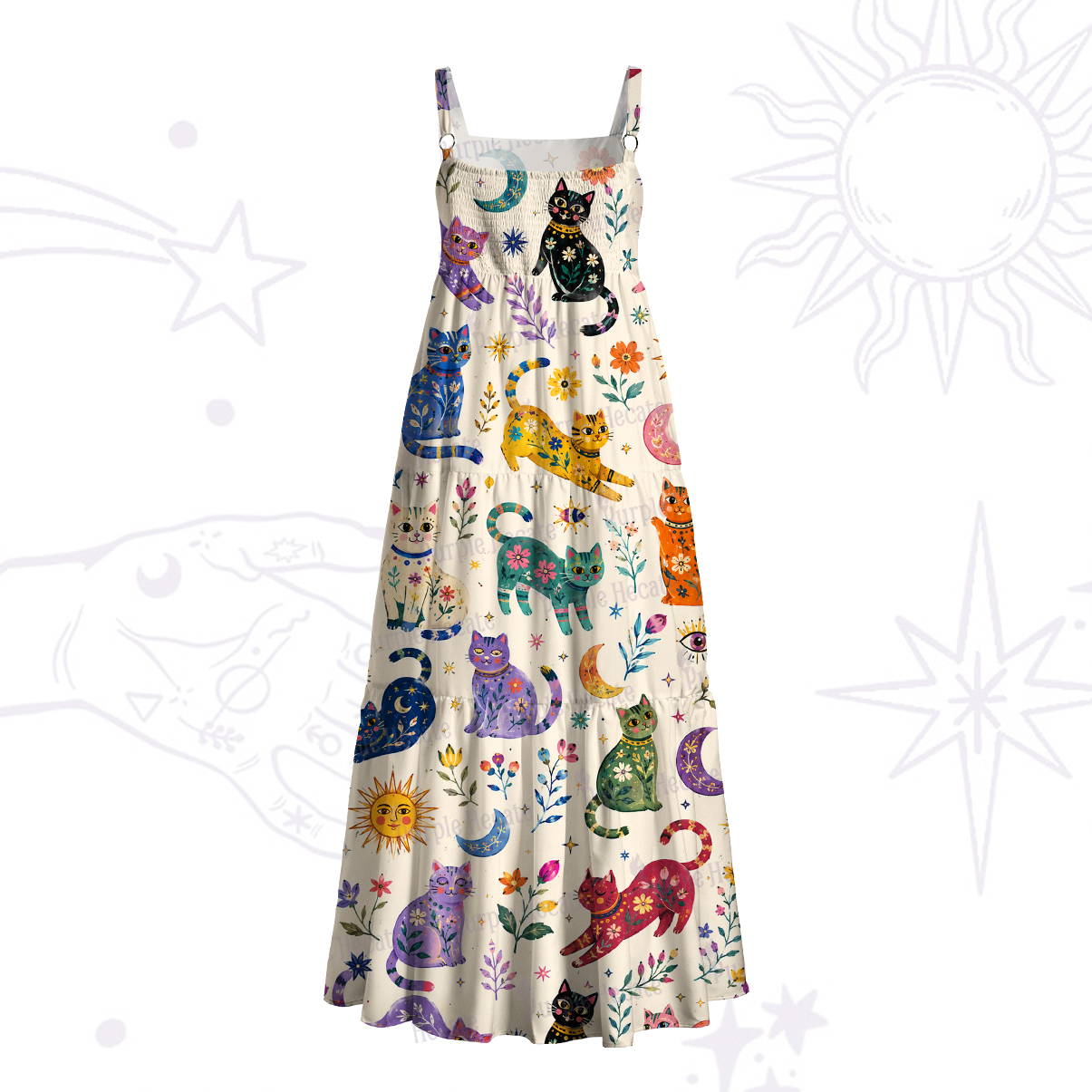 Purplehecate Rainbow Magic Cats Wide Straps Maxi Dress