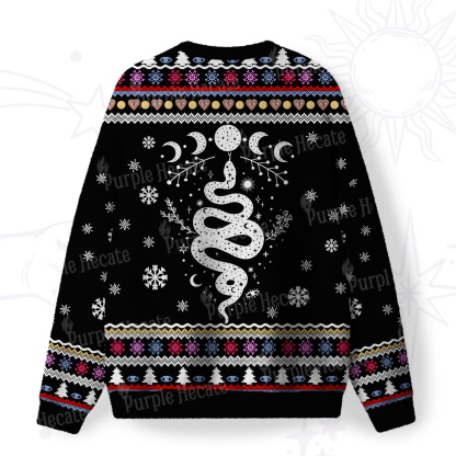 Purplehecate Snake And Moon Phase Fuzzy Ugly Christmas Sweatshirt