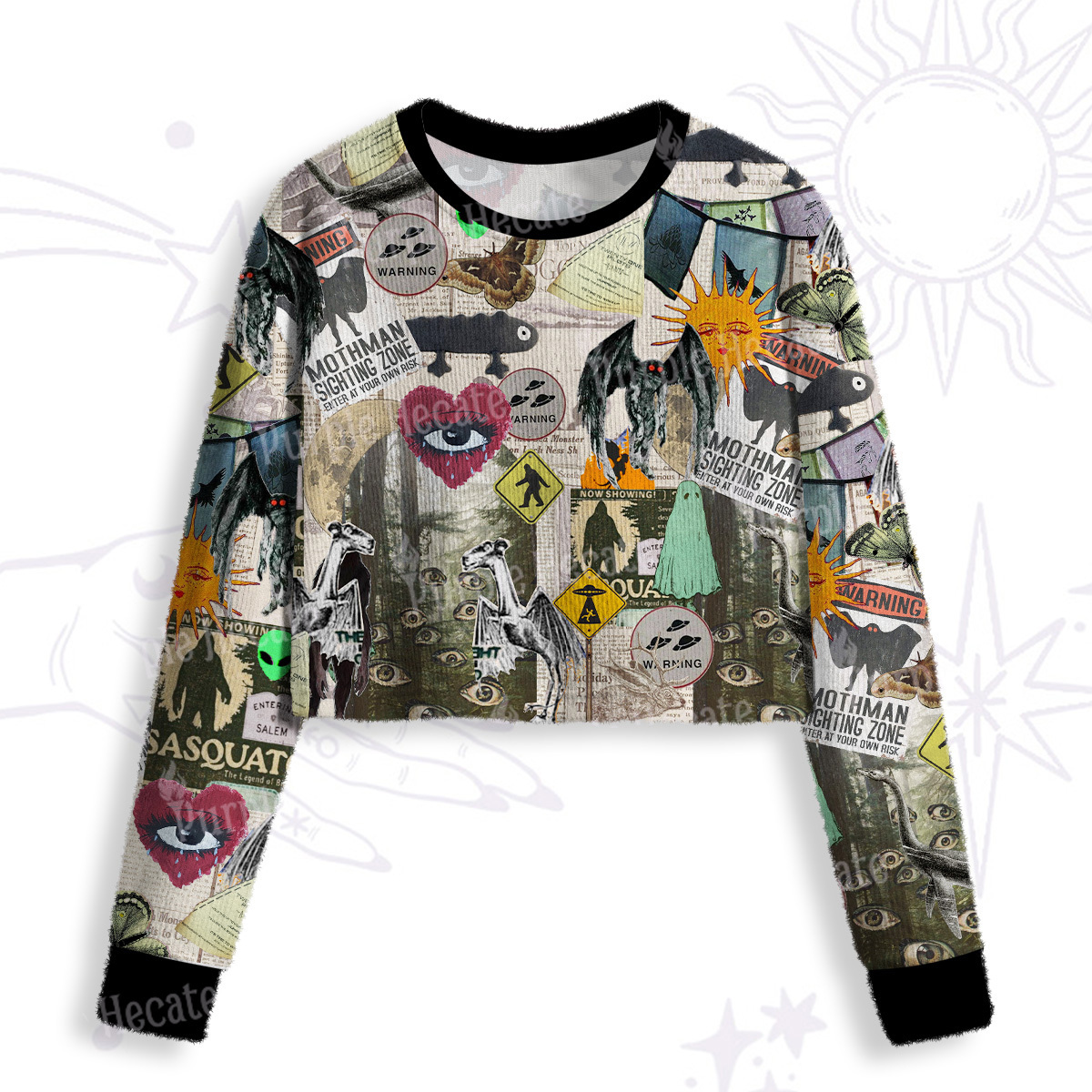 Purplehecate Cryptid Warning Collage Crop Fuzzy Ugly Sweatshirt