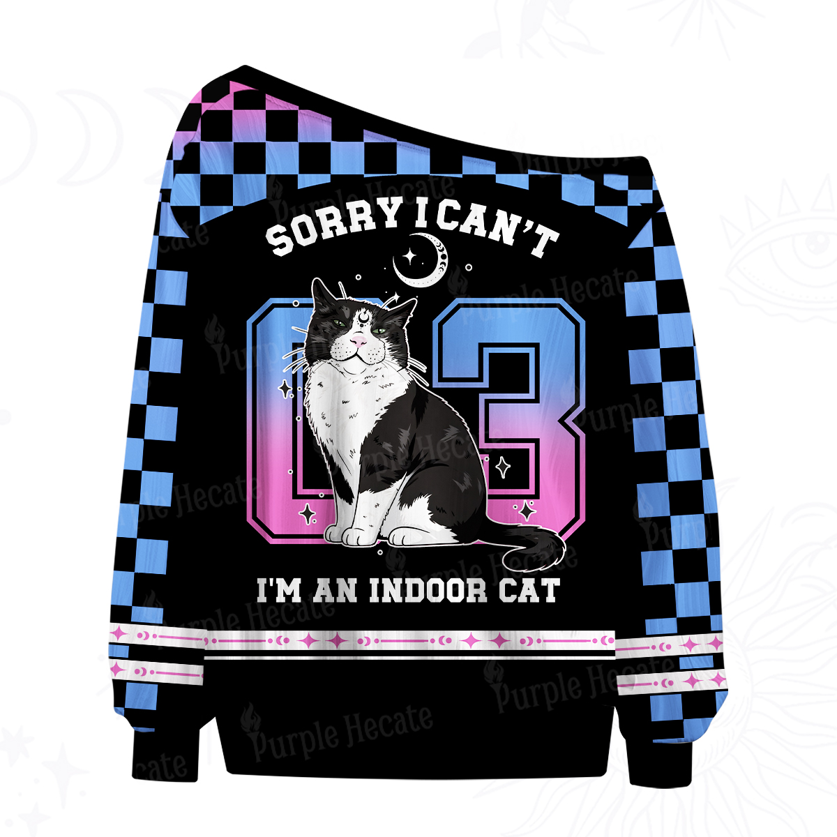Purplehecate Sorry I Can't Go I'm an Indoor Cat Off The Shoulder Graphic Jersey