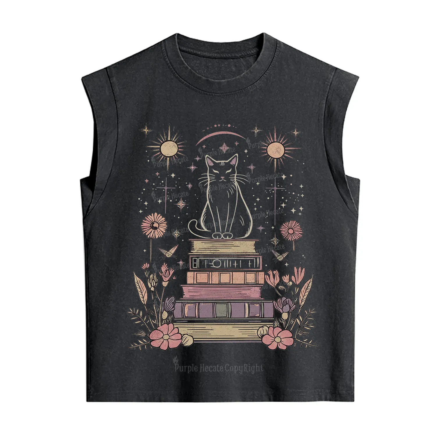Purplehecate Mystical Cat Reading a Witchy Book Vintage Washed Tank