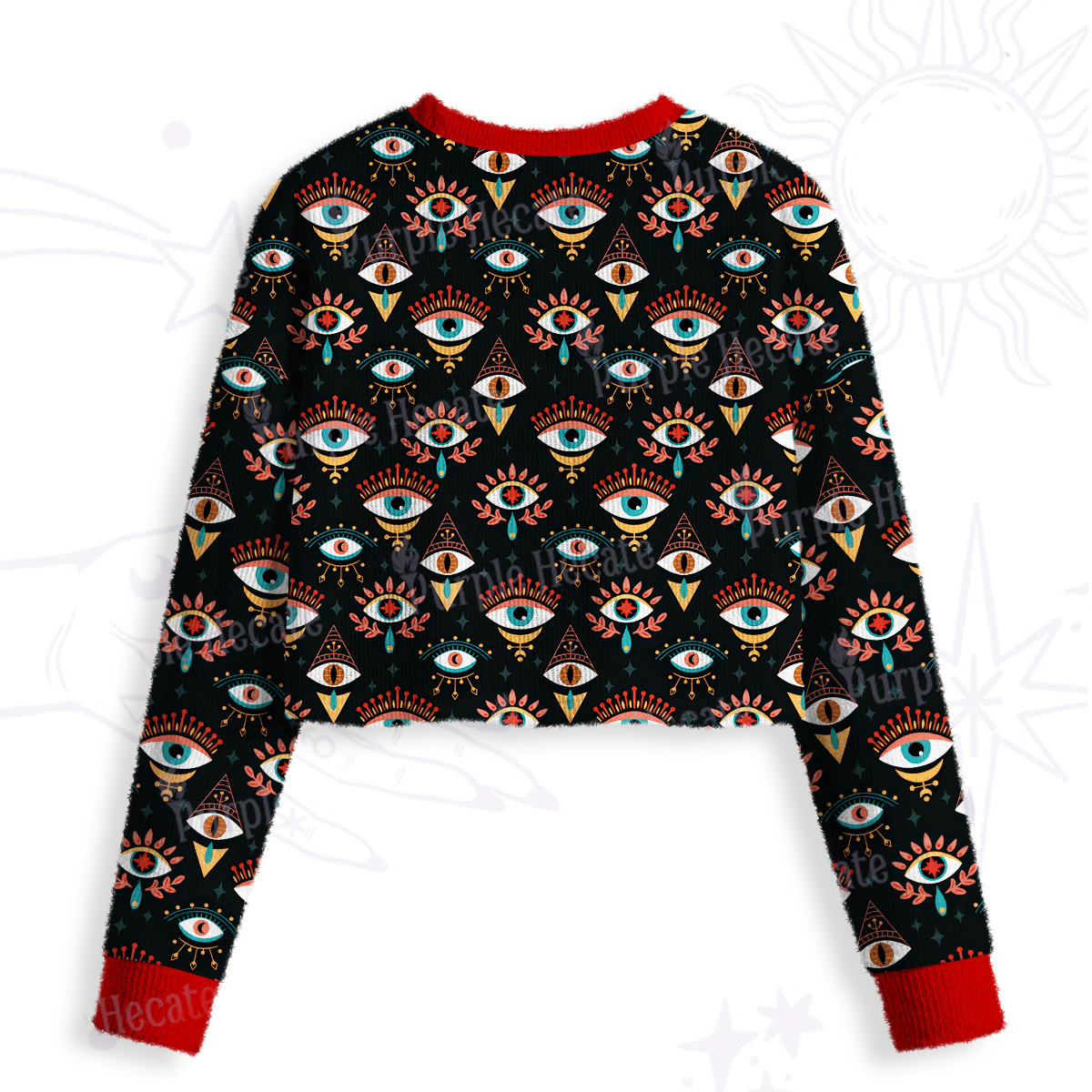 Purplehecate Evil Eye Pattern Crop Fuzzy Ugly Sweatshirt