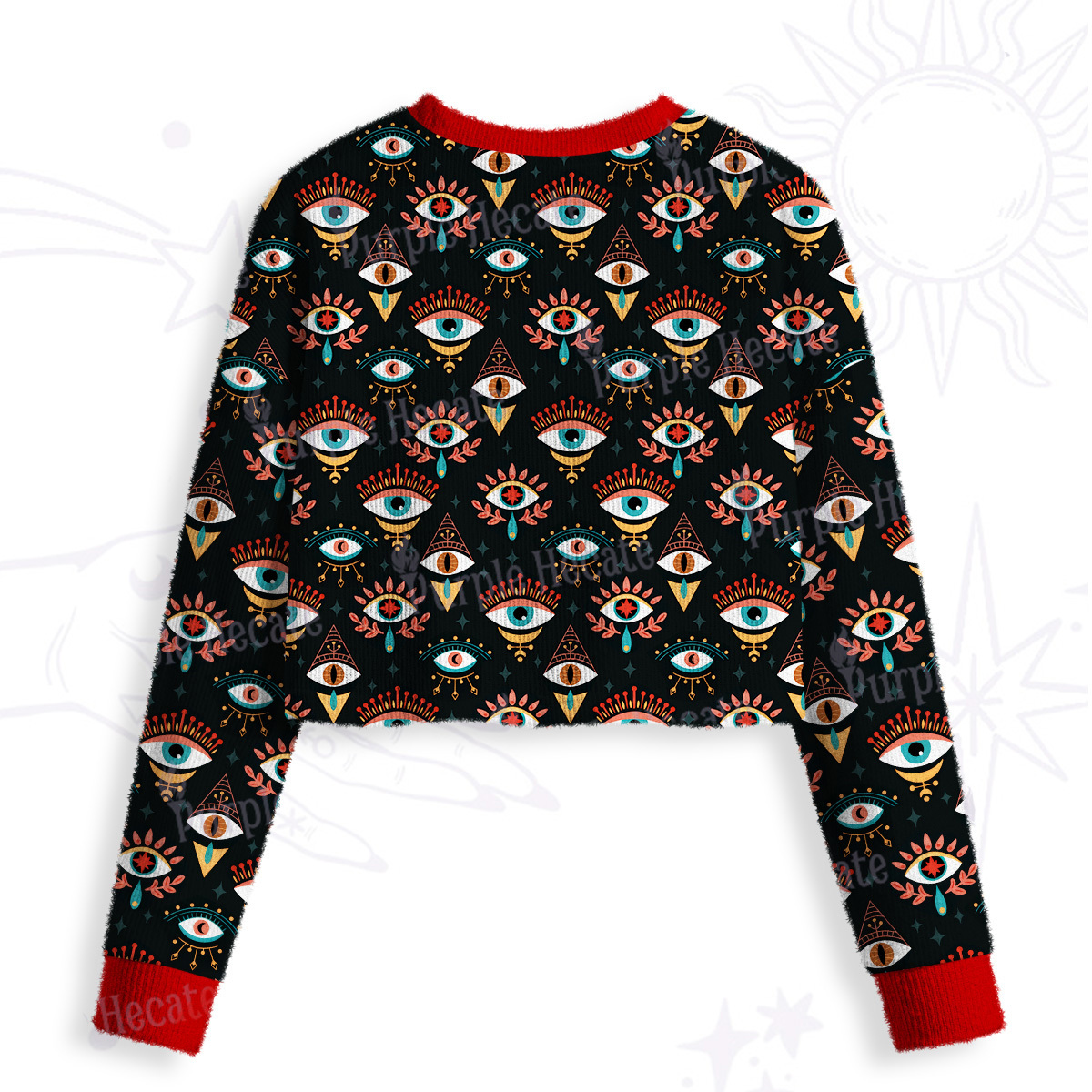 Purplehecate Evil Eye Pattern Crop Fuzzy Ugly Sweatshirt