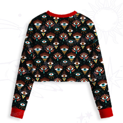 Purplehecate Evil Eye Pattern Crop Fuzzy Ugly Sweatshirt