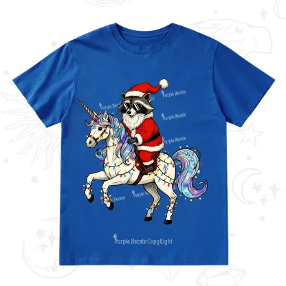 Purplehecate Santa Raccoon Riding Unicorn Tee Christmas T-Shirt