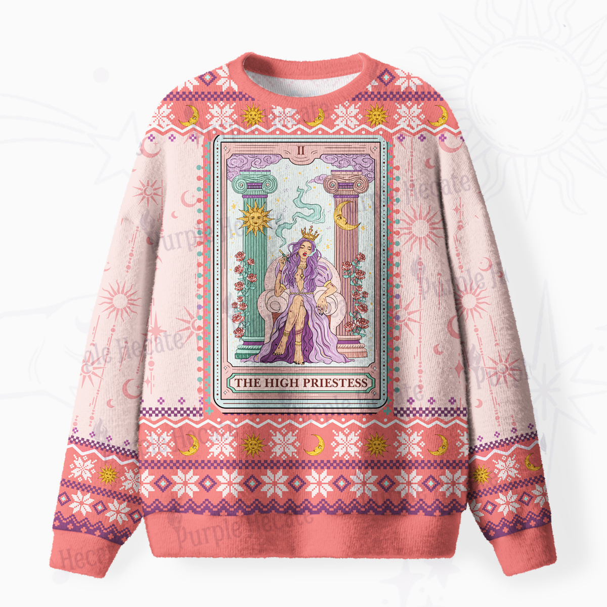 Purplehecate The High Priestess Tarot Card Fuzzy Ugly Christmas Sweatshirt
