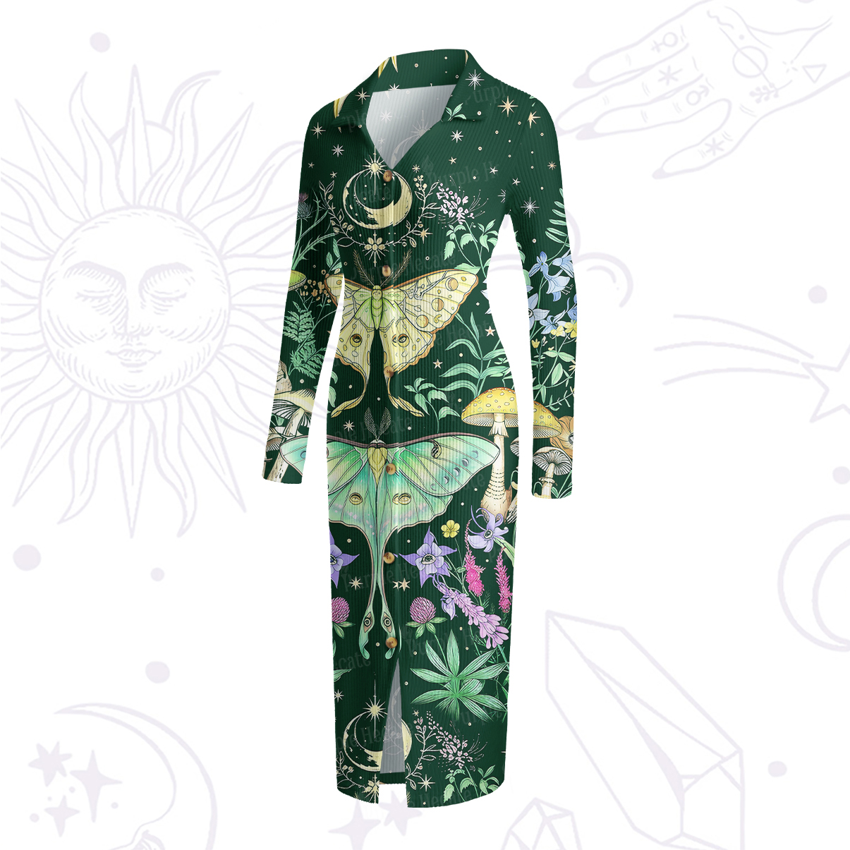 Purplehecate Mystic Lunar Moth Herbal Forest Ribbed Knit Dress
