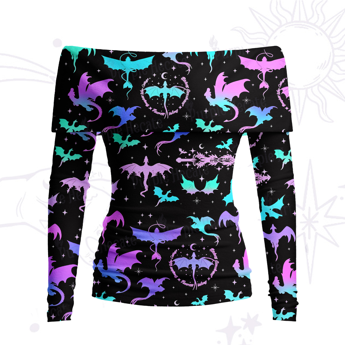 Purplehecate Neon Fantasy Dragon Allover Off Shoulder Long Sleeve Knit Top