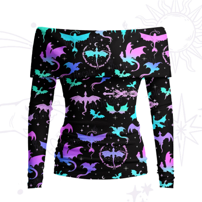 Purplehecate Neon Fantasy Dragon Allover Off Shoulder Long Sleeve Knit Top