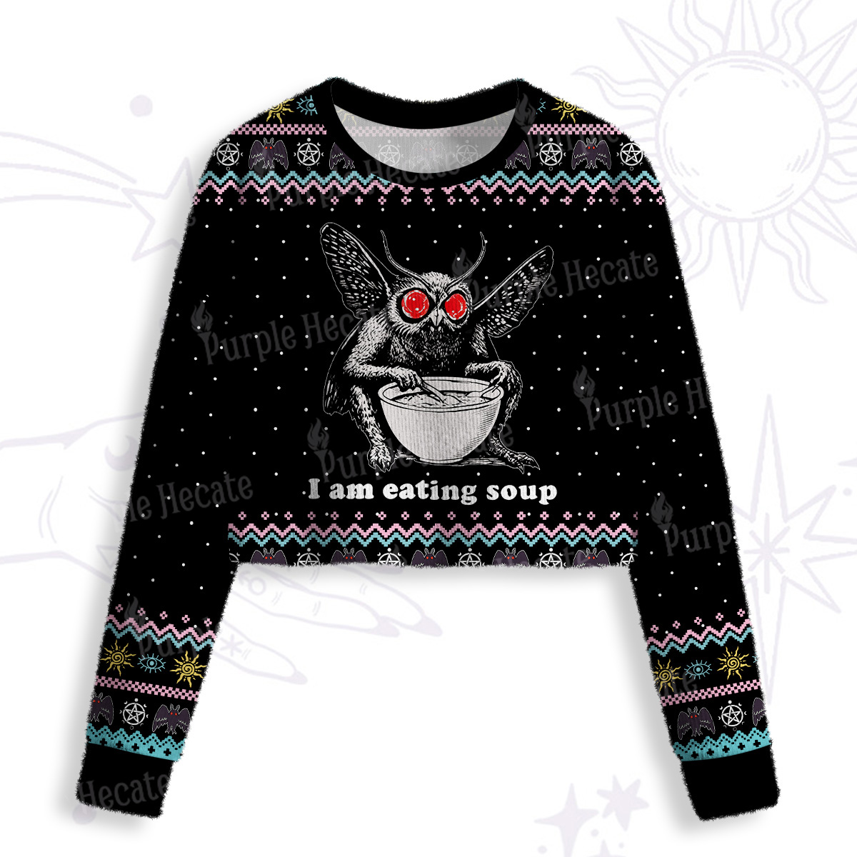 Purplehecate Mothman Eating Soup Crop Fuzzy Ugly Sweatshirt
