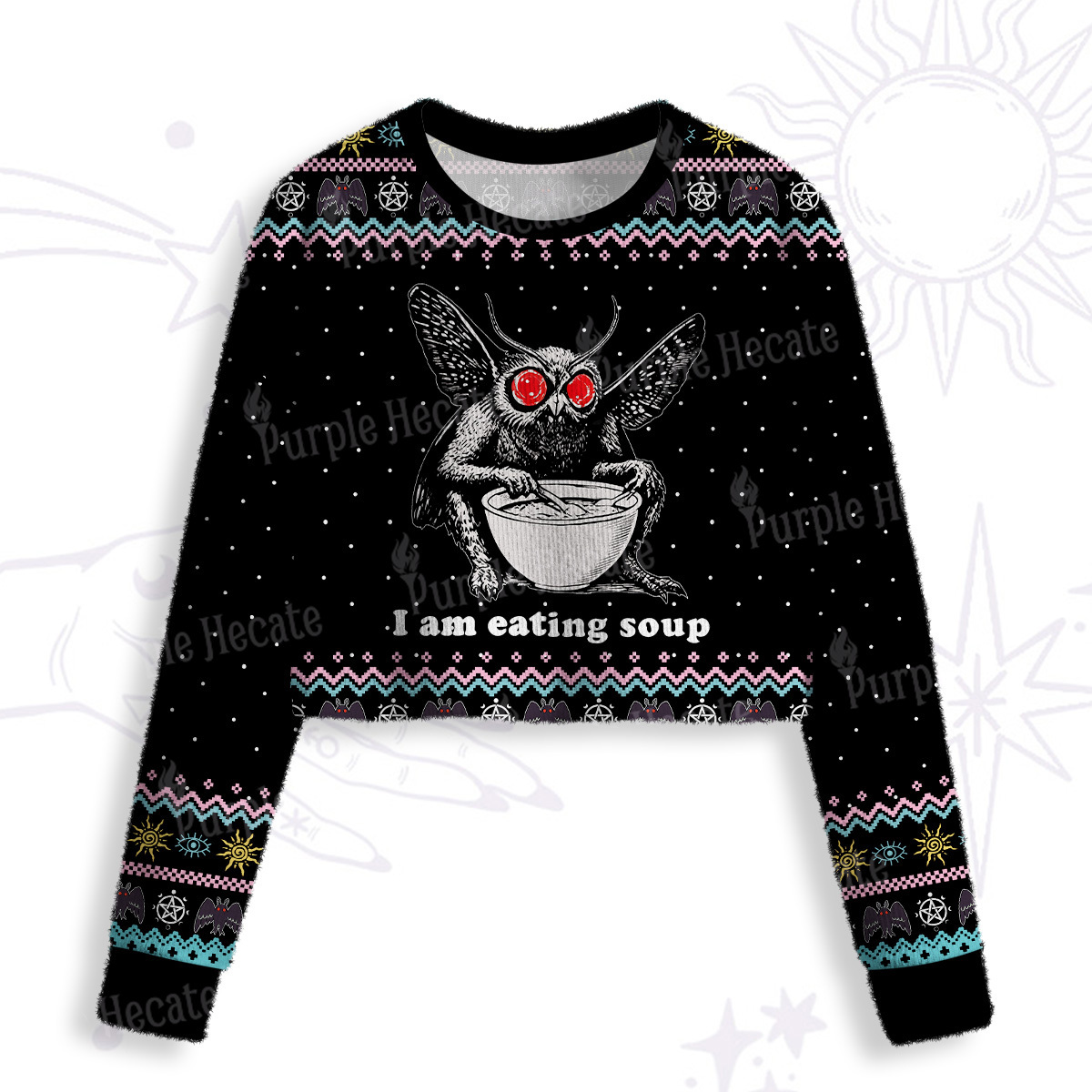 Purplehecate Mothman Eating Soup Crop Fuzzy Ugly Sweatshirt