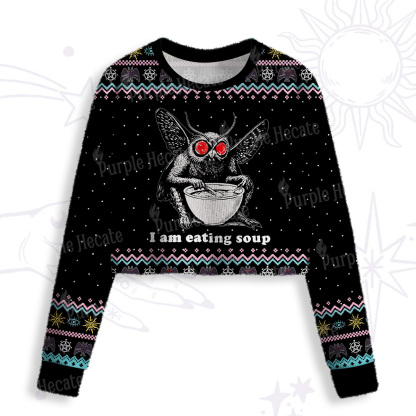 Purplehecate Mothman Eating Soup Crop Fuzzy Ugly Sweatshirt