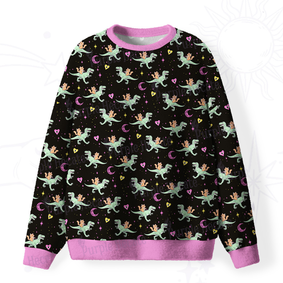 Purplehecate Witch Cat Rides the Dino Fuzzy Ugly Christmas Sweatshirt