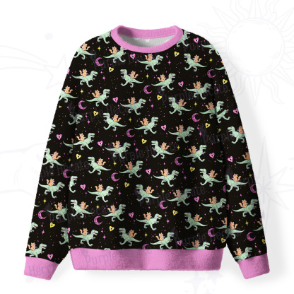 Purplehecate Witch Cat Rides the Dino Fuzzy Ugly Christmas Sweatshirt