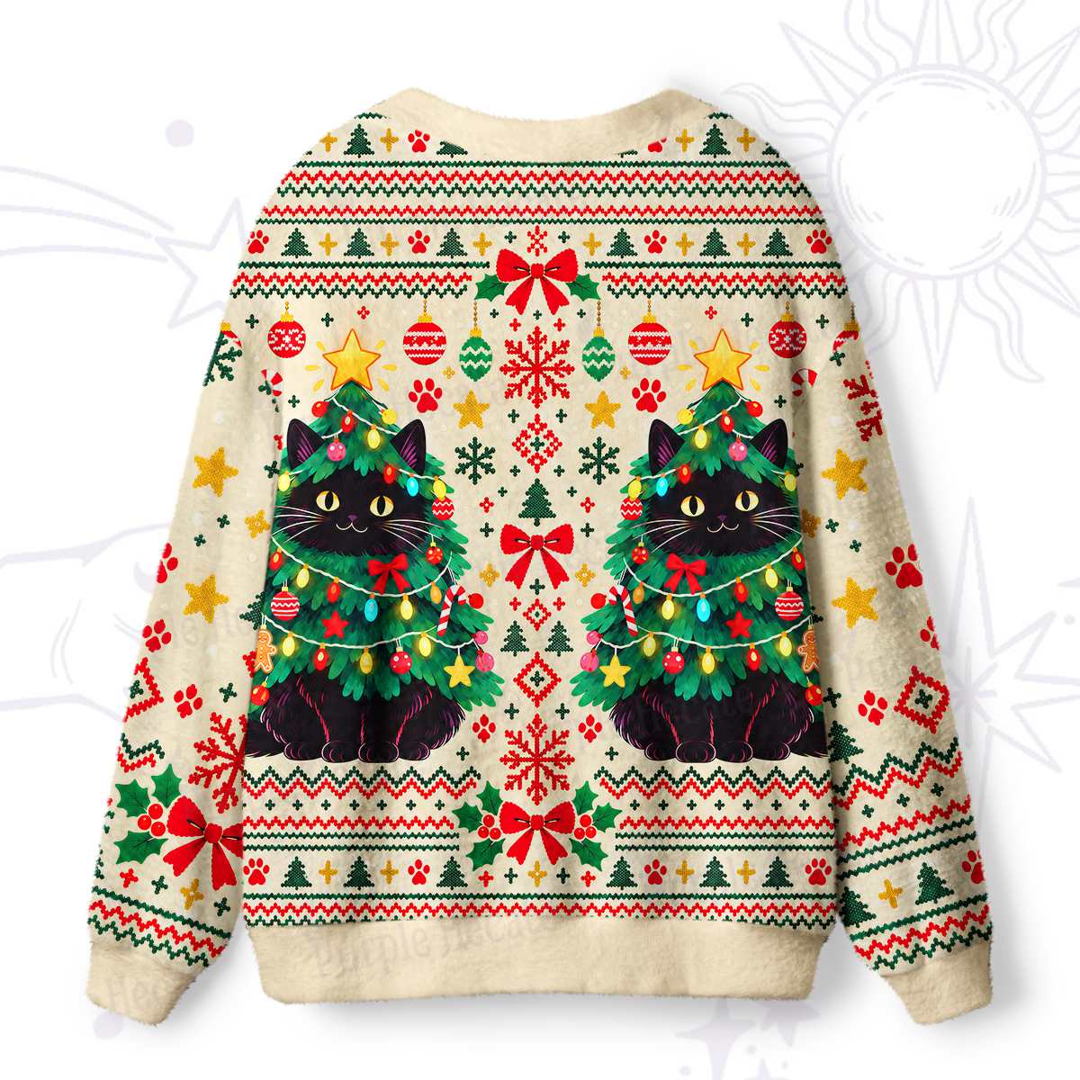 Purplehecate Fluffy Cat Christmas Elves Ugly Cardigan Sweaters