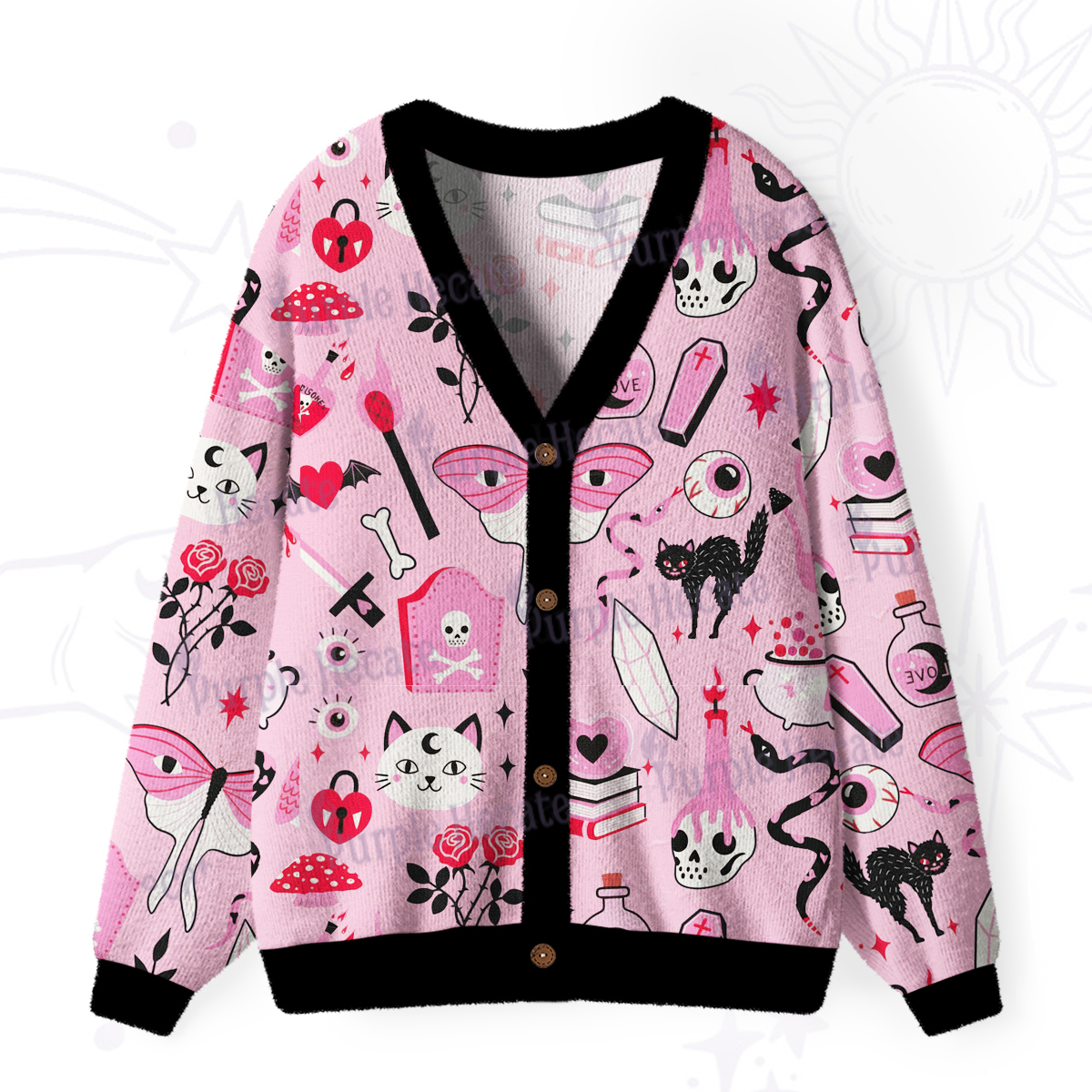 Purplehecate Whimsical Cat and Yarn Ugly Cardigan Sweaters