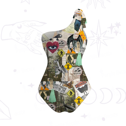 Purplehecate Cryptid Warning Collage One-Shoulder One-Piece Swimsuit