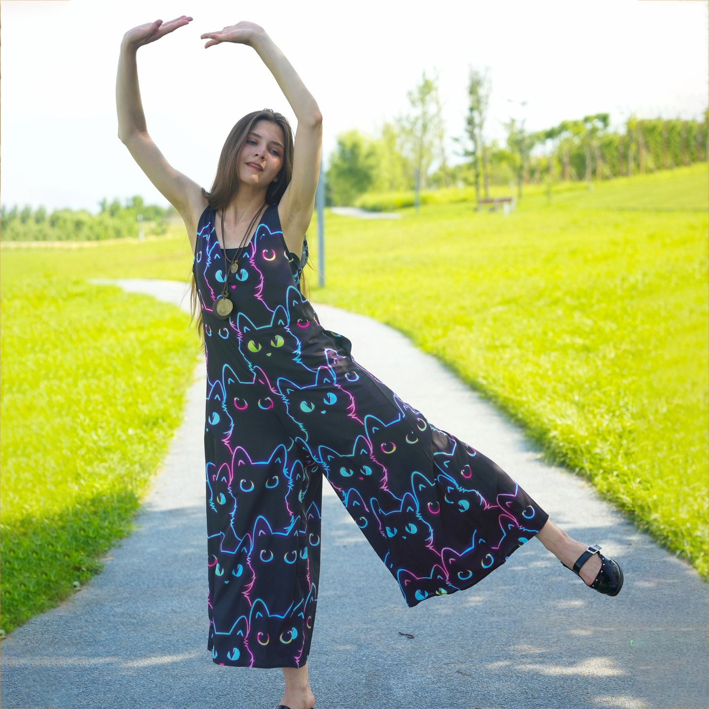 Purplehecate Neon Glow Stacked Cats Wide Leg Jumpsuit