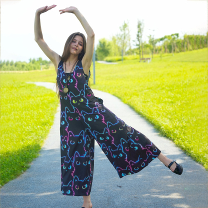Purplehecate Neon Glow Stacked Cats Wide Leg Jumpsuit