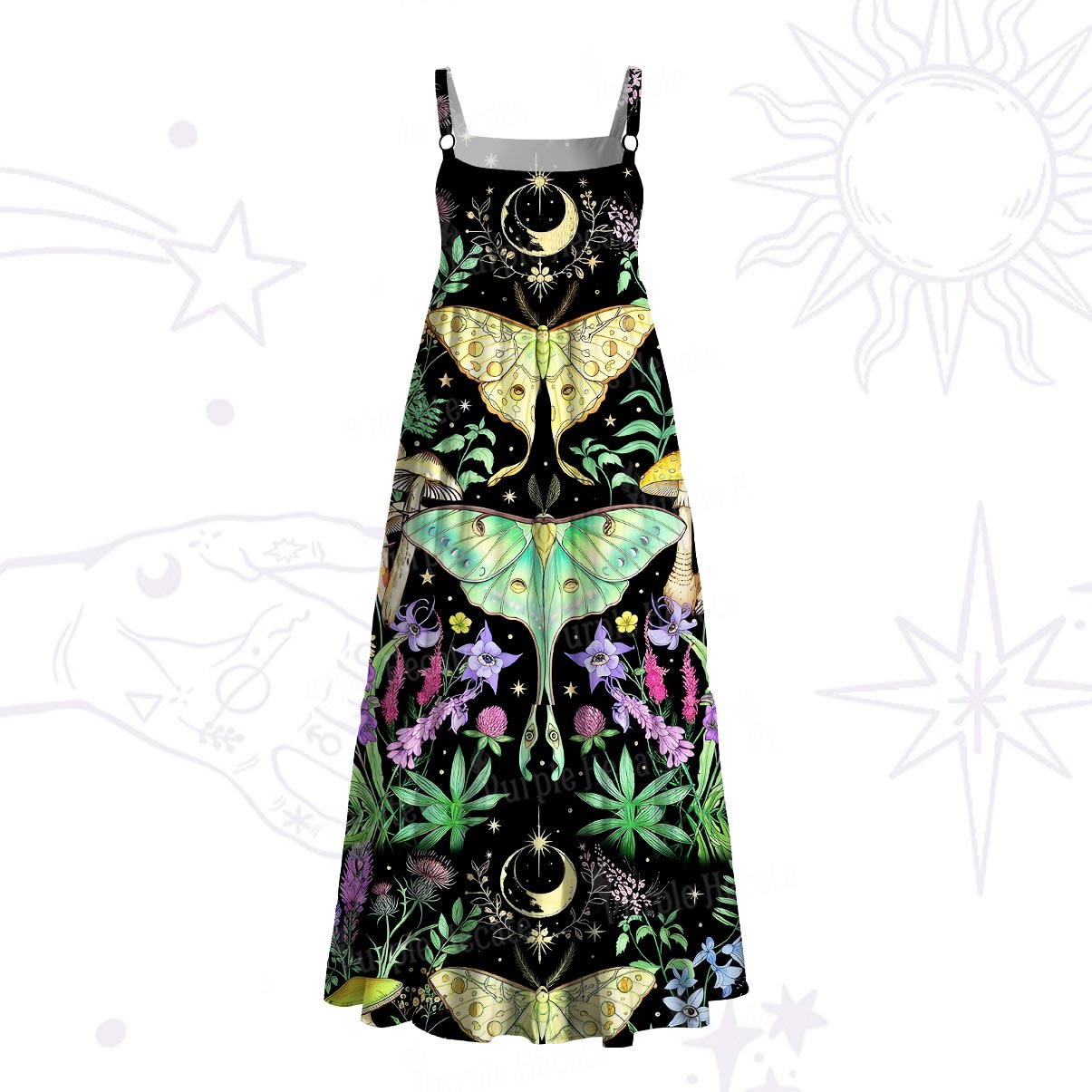 ]Purplehecate Mystic Lunar Moth Herbal Forest Wide Straps Maxi Dress