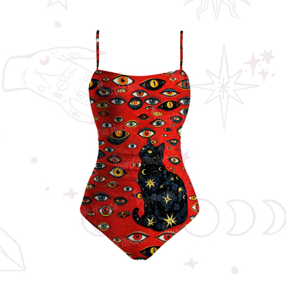 Purplehecate Cosmic Watcher Cat Slim-Strap Swimsuit