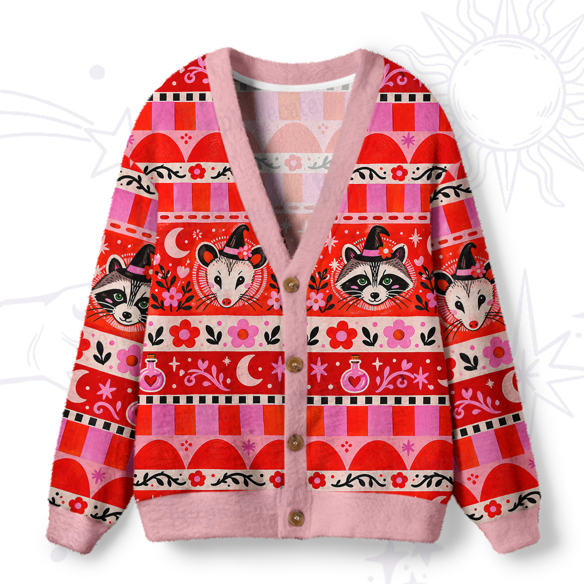 Purplehecate Sweet Raccoon & Mouse Floral Ugly Cardigan Sweaters